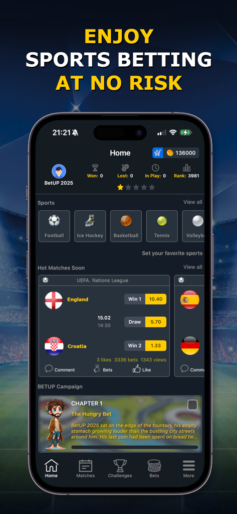Bet Up - Sports Betting Game - Interface do aplicativo móvel Bet Up mostrando apostas esportivas sem risco com odds ao vivo e moeda virtual