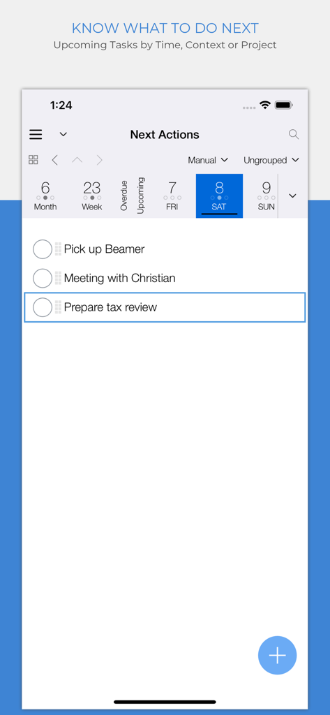 Organize Meアプリが、毎日のタスクリストとカレンダービューを備えた「次のアクション」画面を表示しています。