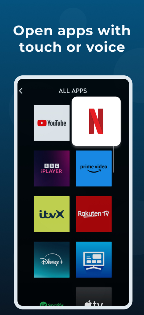 MyRemote: TV Connect - MyRemote app interface showing a selection of streaming apps like Netflix and YouTube to open with touch or voice commands