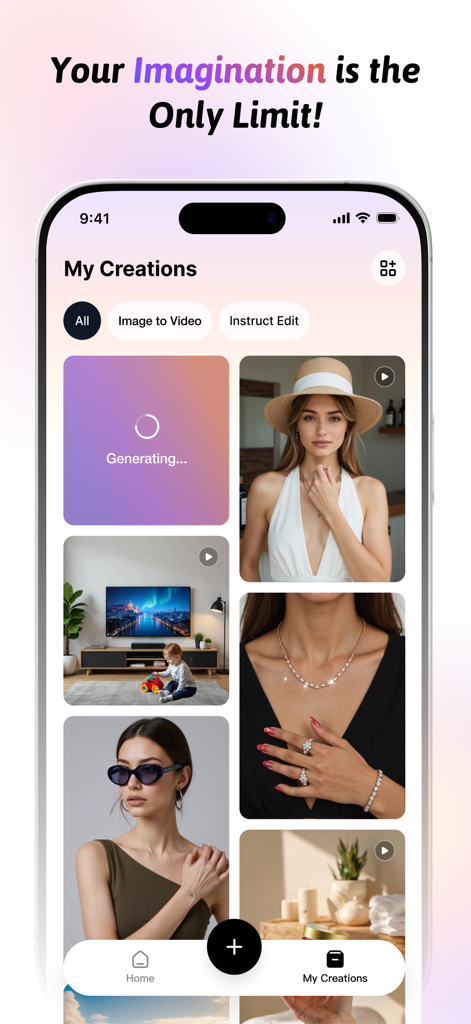 SellerPic - AI生成されたさまざまな製品画像と動画が掲載された、SellerPicアプリの「マイクリエーション」画面。