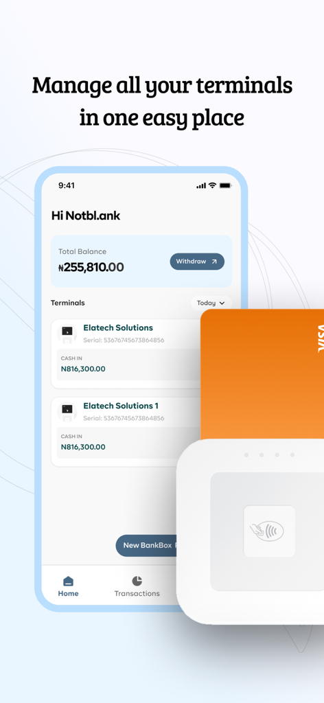BankBox: PayApp - BankBox PayApp interface showing total balance and managed payment terminals