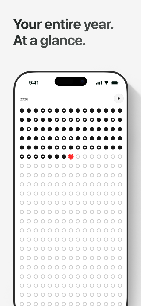 Still — Daily Sentence - Una pantalla minimalista de la aplicación móvil que muestra una cuadrícula de puntos que representan un mapa anual de reflexiones diarias