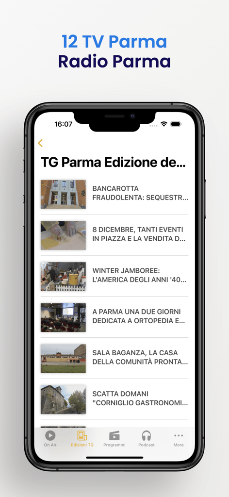 12 TV Parma - Interfaccia dell'app 12 TV Parma che visualizza un elenco di notizie locali con immagini e titoli