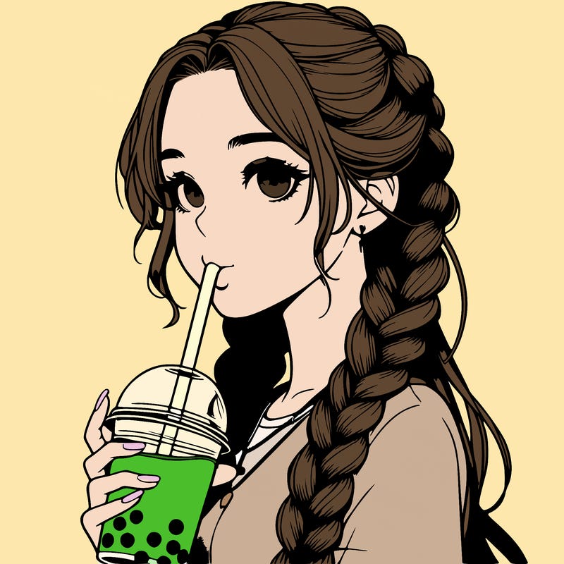 realistic girl with braided hair drinking boba