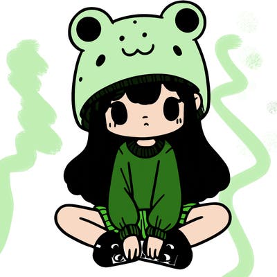 a girl wearing a frog hat and some frog socks