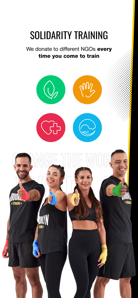 Brooklyn Fitboxing - Four smiling athletes giving thumbs up below social impact icons for NGO donations