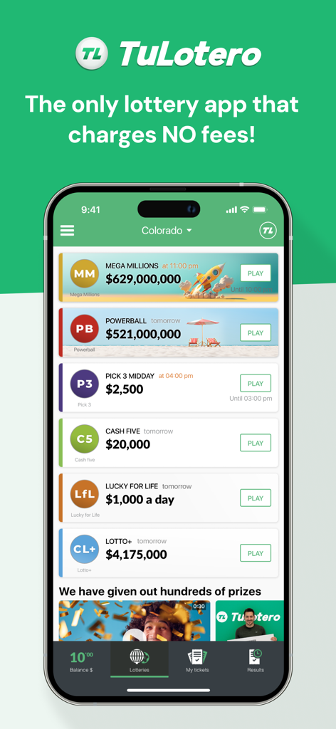 TuLotero Lottery App - L'app TuLotero mostra i jackpot della lotteria del Colorado per Mega Millions e Powerball con garanzia di zero commissioni.