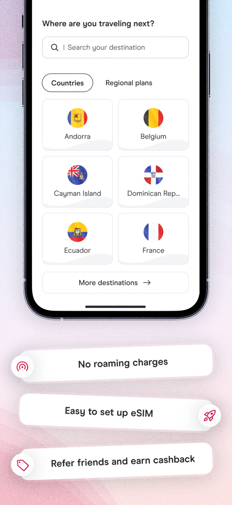 Holafly app destination search screen with country list for travel eSIM plans