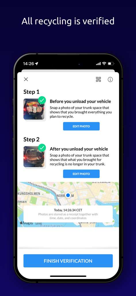 Tiptapp app screen showing the two-step verification process for recycling including before and after trunk photos and GPS location.