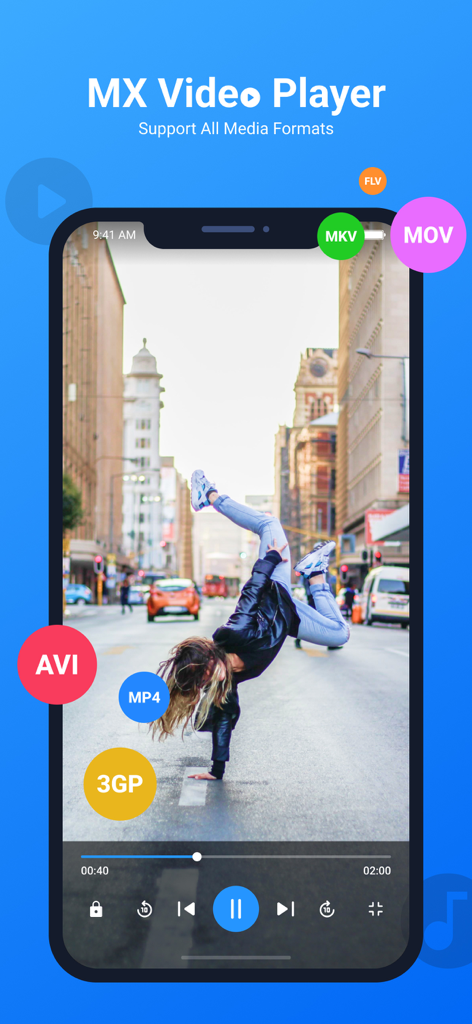 Interfaz de MX Video Player mostrando soporte para múltiples formatos de archivo como AVI, MP4 y MKV en un iPhone.