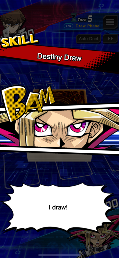 Yami Yugi activando la habilidad Robo de Destino en una partida del juego móvil Yu Gi Oh Duel Links
