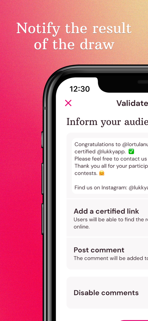 プレゼント抽選の結果を通知し、認定リンク付きの当選者を発表するためのLukkyアプリのインターフェース