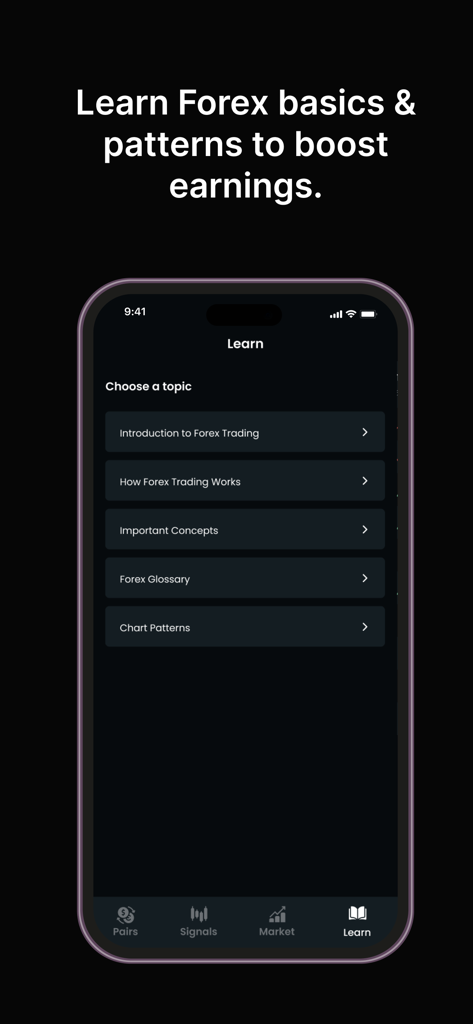 Forex Signals Tracking - Live - Interfaccia mobile della sezione Learn che mostra categorie come Trading Forex e Pattern Grafici