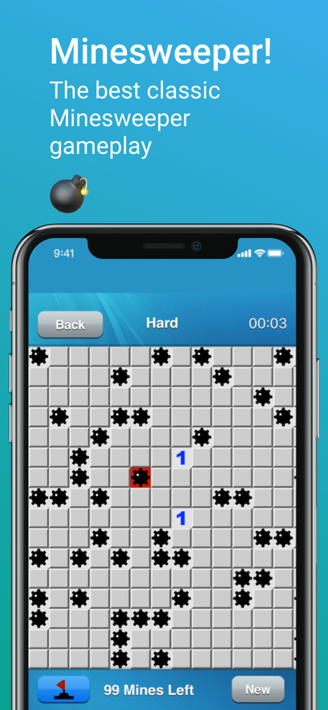 Classic Minesweeper game on an iPhone showing a hard level board with revealed mines.