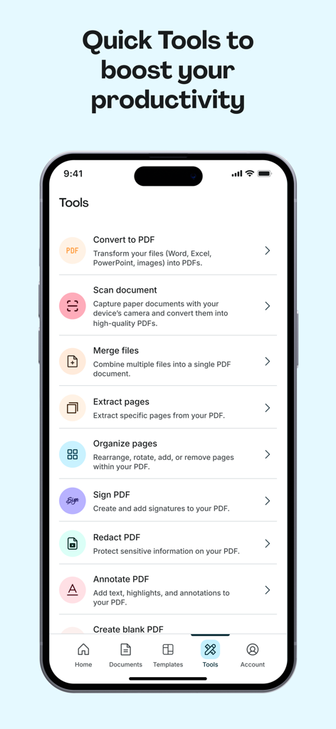 Lumin: View, Edit, Share PDF - Una pantalla de smartphone mostrando varias herramientas de productividad de PDF en la aplicación Lumin, incluyendo escaneo, firma y fusión.