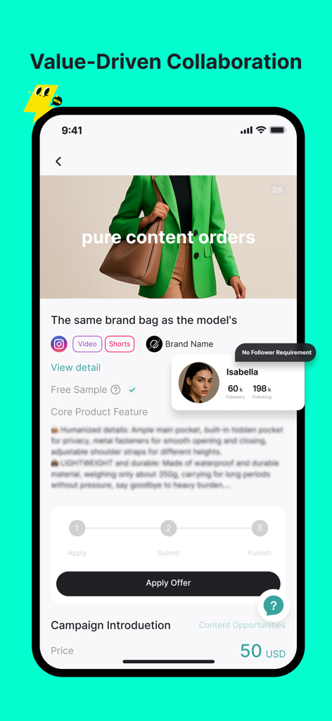 Écran de l'application MyyShop montrant un partenariat de marque pour créateur de contenu sans exigence de followers
