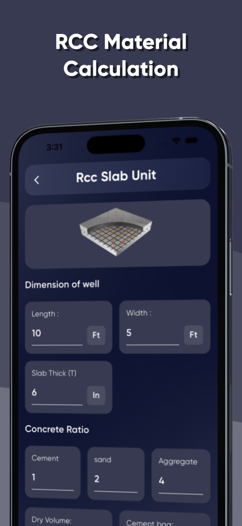 Civil Site Engineer App - Oberfläche der Civil Site Engineer App, die Felder für die Materialschätzung von Stahlbetondecken und die Eingabe des Betonverhältnisses anzeigt