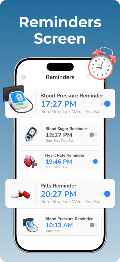 Blood Pressure Tracker Bp log - Interfaccia di promemoria sanitari per il monitoraggio della pressione sanguigna, controlli della frequenza cardiaca e avvisi sui farmaci.