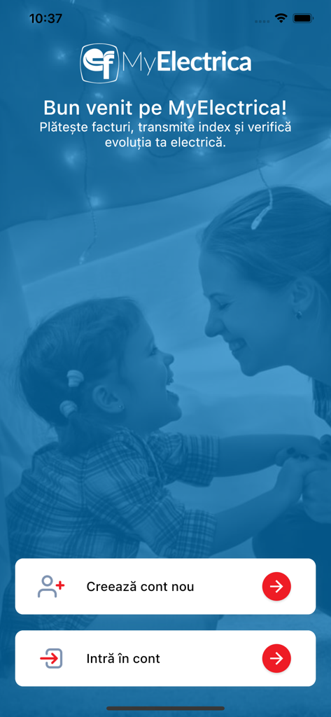 MyElectrica app welcome screen with login and registration options in Romanian