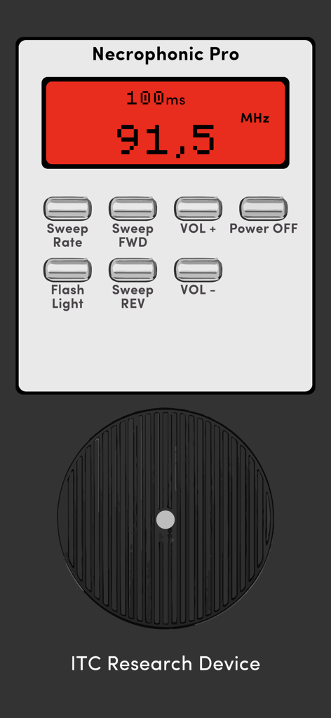 Necrophonic Pro - Interface of the Necrophonic Pro ITC research app showing a digital frequency display and spirit box controls.