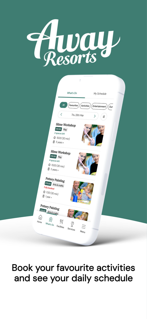 Away Resorts - Away Resorts app screen showing a list of bookable holiday activities like slime workshops and pottery painting