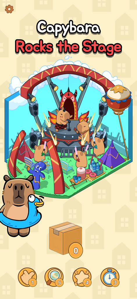 Capybara Sticker: 3D Style - A 3D sticker puzzle game scene featuring capybaras performing on a rock concert stage
