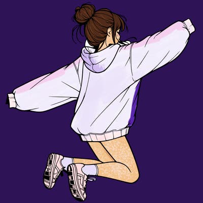 realistic girl jumping with a bun and oversized sweatshirt