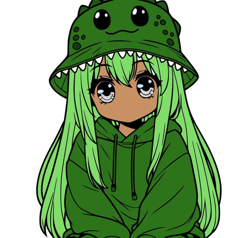 girl with anime shaped eyes with a dinosaur bucket hat oversized sweatshirt long straight hair