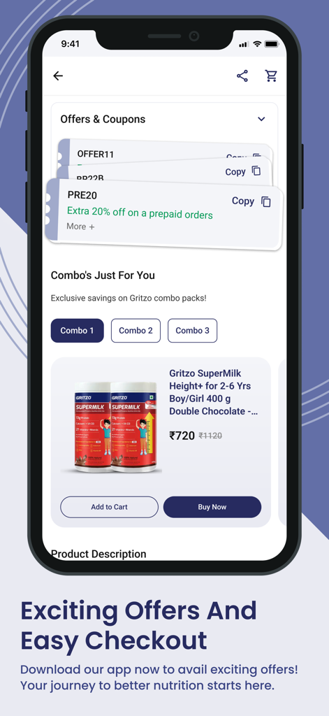 Gritzo mobile app interface showing available coupon codes and a personalized pediatric nutrition drink combo for kids