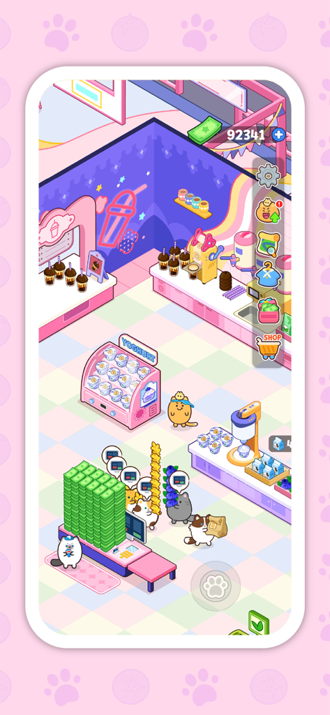 Ninimo Cat Supermarket: Tycoon - Pastel cat supermarket gameplay with cute animal customers and a checkout counter.