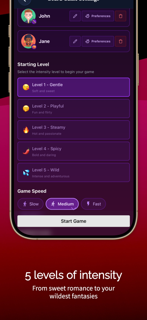 Foreplay: Couples Games - Foreplay app settings showing five intensity levels for couples games from gentle to wild.