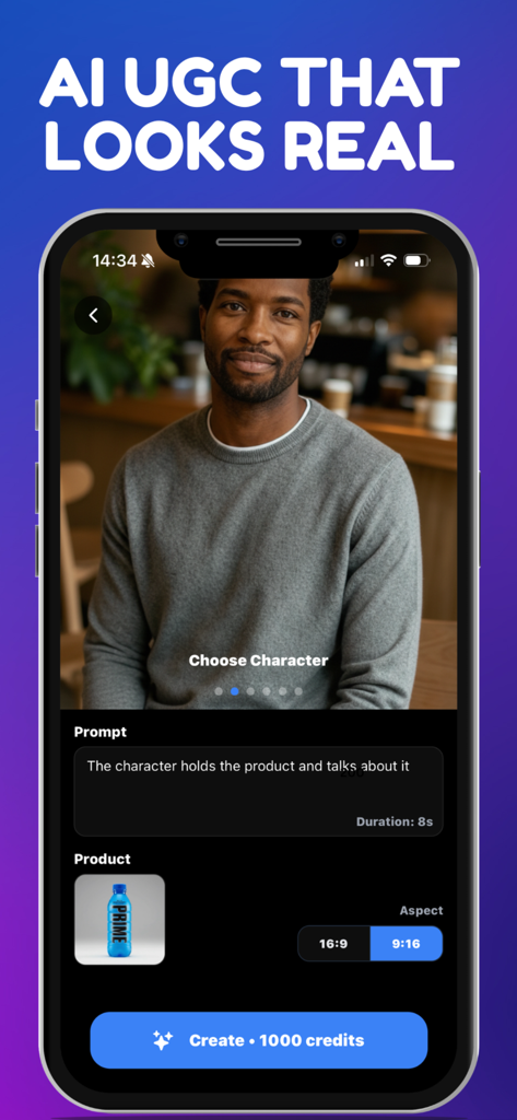 AI video generator interface for creating realistic user generated content with custom characters and product prompts