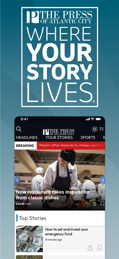 The Press of Atlantic City - The Press of Atlantic City mobile app display featuring local news headlines, breaking news alerts, and the slogan Where Your Story Lives
