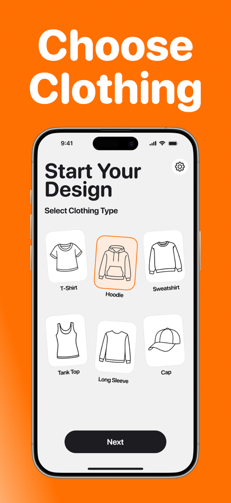 AIデザインのためにパーカーやTシャツなどの衣類アイテムを選択するオプションを示すTシャツデザイナーアプリのインターフェース