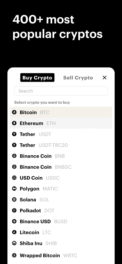 Interfaz de la app Paybis que muestra una selección de más de 400 criptomonedas populares para comprar o vender.