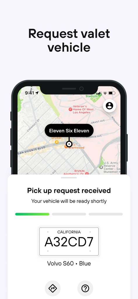 Metropolis: Remarkable Parking - Metropolis mobile app screen showing a valet vehicle pickup request with a California license plate and map location