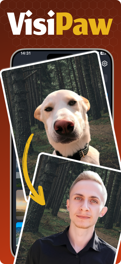 Pet To Human - VisiPaw - A white dog photo transformed into its human version using VisiPaw AI technology