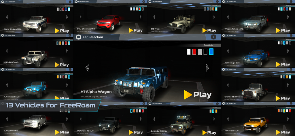 OffRoad Drive Pro - A menu collage showing 13 different off-road trucks and SUVs available in OffRoad Drive Pro.