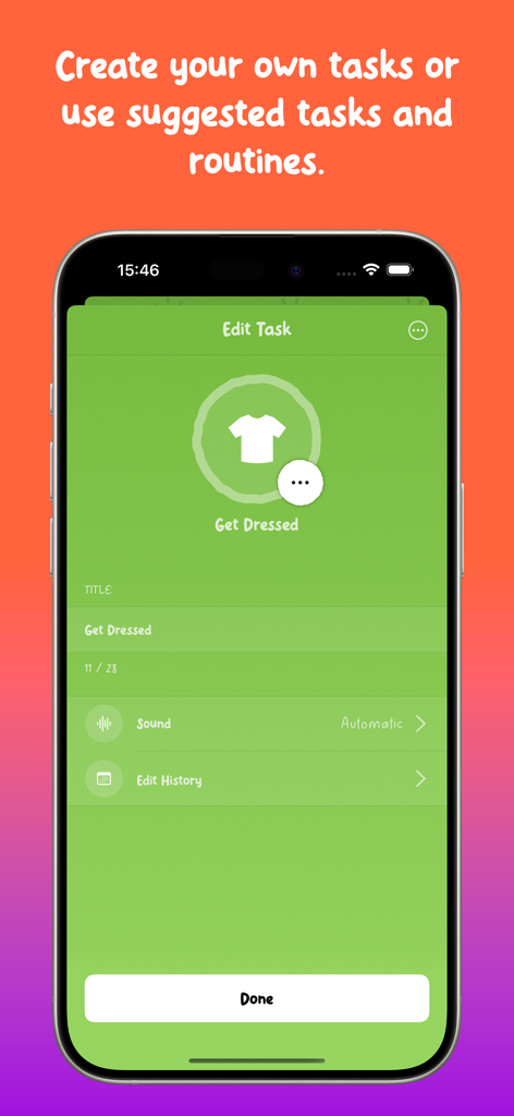Uma tela de celular mostrando a interface de edição de tarefas para uma rotina de se vestir no app Little Streaks.