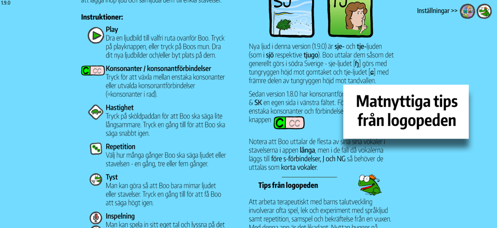 Ljuda med Boo! - Instrucciones y consejos de logopedia en la aplicación de fonética sueca Ljuda med Boo.