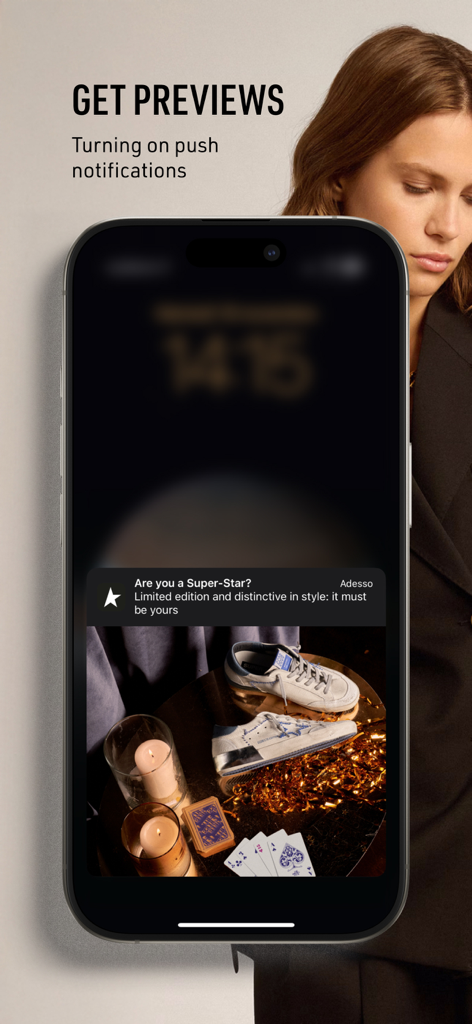 Golden Goose - 限定スニーカープレビューのプッシュ通知を表示するゴールデン グースアプリ画面
