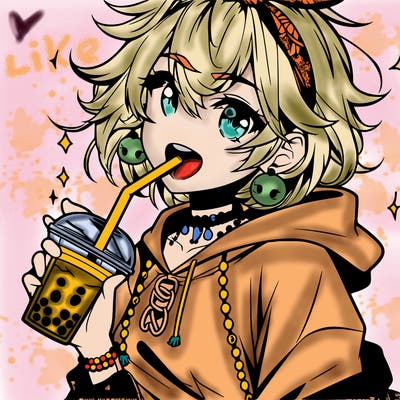 hot baddie anime girl drinking boba and biting the straw