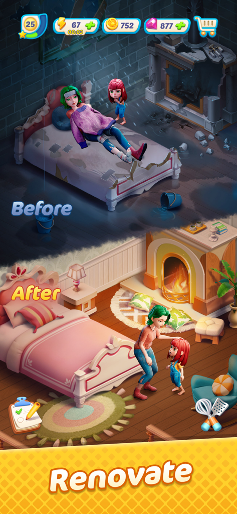 A before and after comparison of a bedroom renovation in the Gossip Harbor game