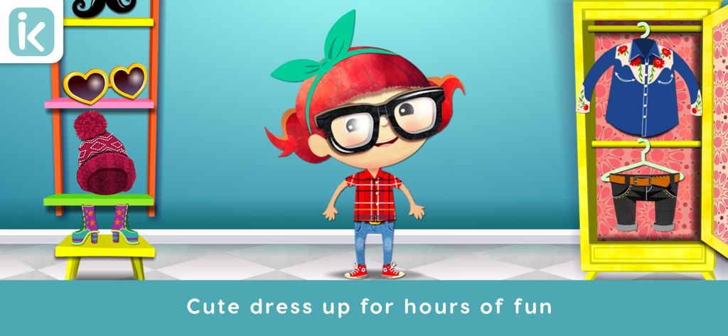 A cute character wearing glasses and a red shirt in a dress up game scene with clothes and accessories