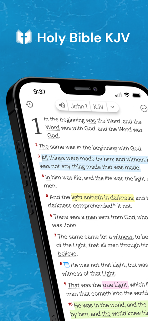 Holy Bible King James + Audio - 聖書欽定訳アプリが表示され、聖句がハイライトされている様子