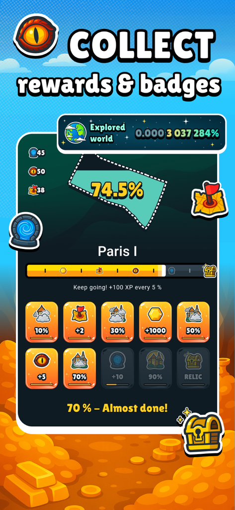 MysteryHike app interface showing rewards, badges, and 74.5 percent exploration progress for Paris