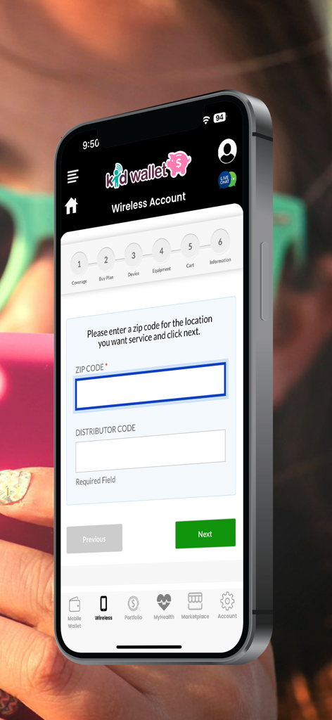 Kid Wallet - Kid Wallet app interface showing the wireless account setup screen with zip code input and progress tracker