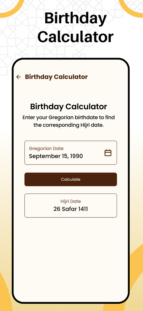Islamic Hijri Calendar 2026 - Función de calculadora de cumpleaños en la aplicación Calendario Islámico Hégira convirtiendo una fecha gregoriana a una fecha de la Hégira