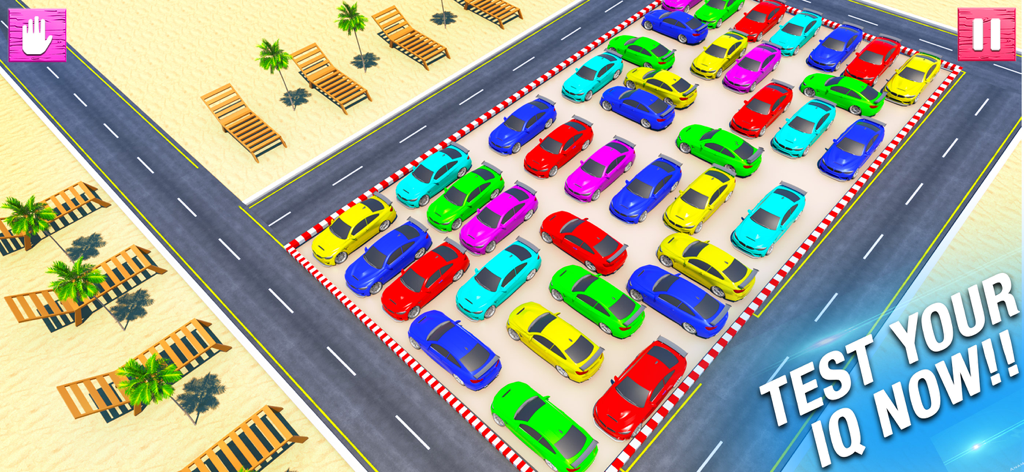 A 3D car parking jam puzzle featuring colorful cars in a crowded lot near a beach