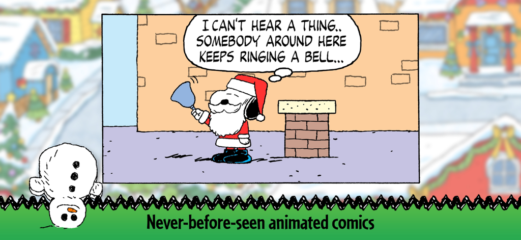 Snoopy dressed as Santa Claus in an animated Peanuts holiday comic strip